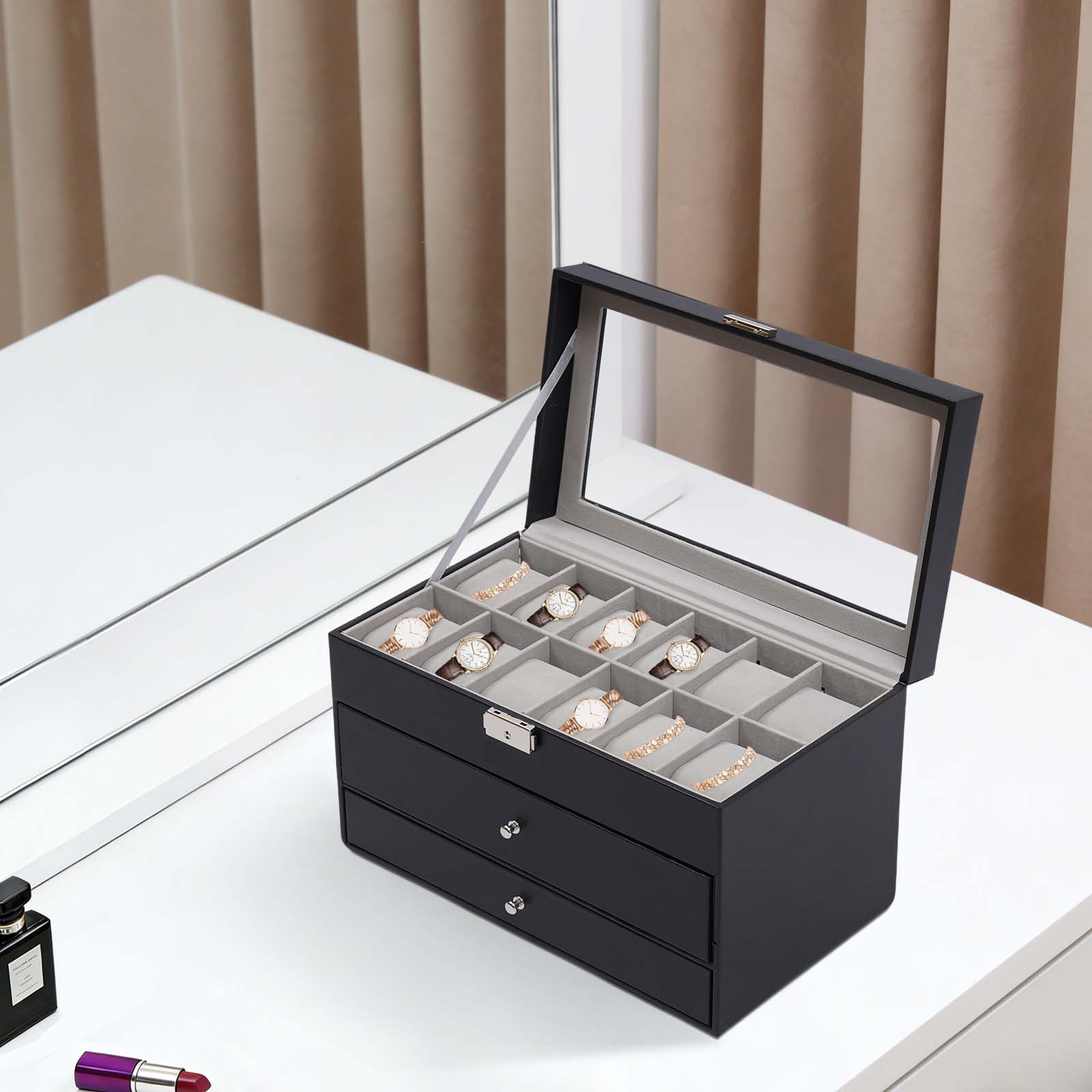 Jewelry Box Watches Bracelets - 3 Katlı Siyah Masa Üstü Saklama